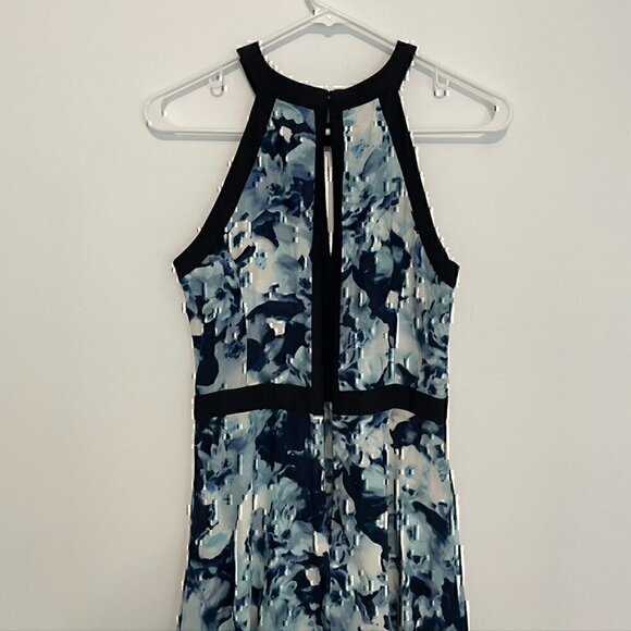 PARKER Nika Keyhole Dress Blue Floral Black Trim Sleeveless SILK Mini Fit Flare - Picture 9 of 12